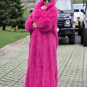 Fuchsia Women's Waterfall Neckline Long Faux Fur Coat